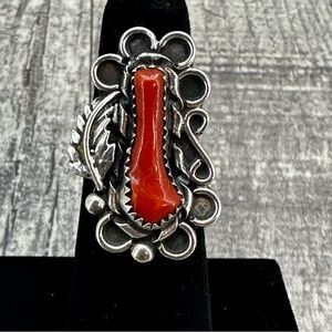 Vintage Navajo Sterling Silver Red Coral Feather Ring Old Pawn Signed X Sz 4.75